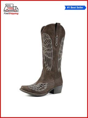 ✨ Faux Leather Western Cowboy Boots Angel Wing Embroidered Mid Calf Pointed Toe